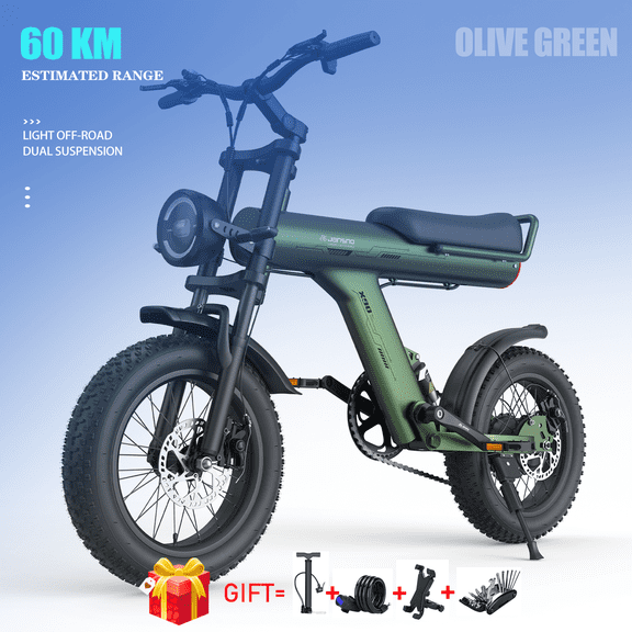 JANSNO X90 Electric Bike for Adults 1500W Peak, 16" Fat Tire EBike,48V 14AH Battery 30-70 Miles 30MPH Dual Suspension E Mountain Bike,