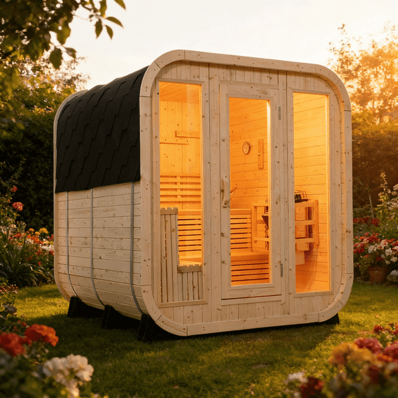 Sansheng® 6 Person White Pine Outdoor Square Sauna With Large Glass Doors(78.7''d*78.7''w*82.6''h)