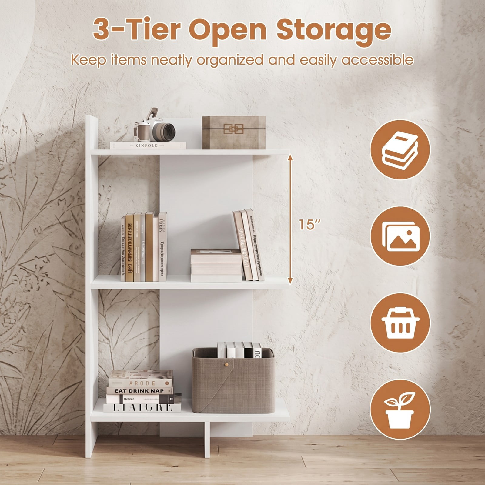 Furnibear 3 Tier Wooden Bookshelf with Anti-Tipping Kit, Freestanding Open Bookcase Display Storage Shelf for Living Room Bedroom Home Office, Engineered Wood, White