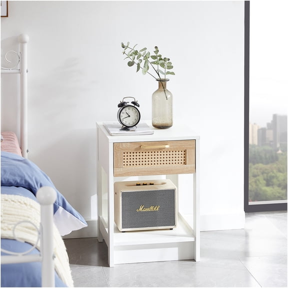JERFIT White Rattan Accent Table with Drawer, Modern Nightstand End Table for Bedroom Living Room, Small Square Side Table
