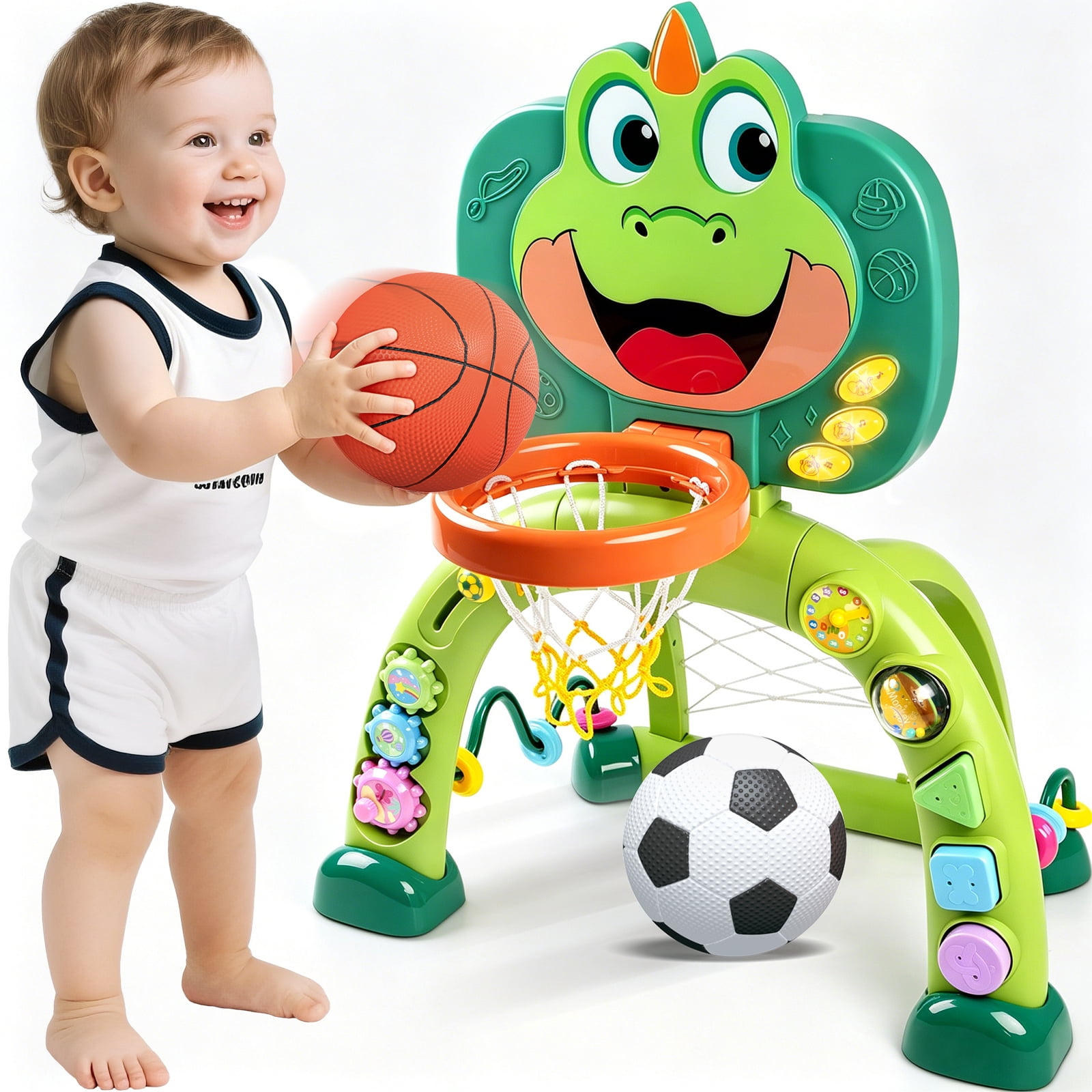 Marstone Baby Boy Toys for 1 2 3 Year Old Gifts: Toddler Basketball Hoop and Soccer Goal Activity Center Toys with Sound and Music for Kids, Girls 1-3, Interactive 1st First Birthday Present