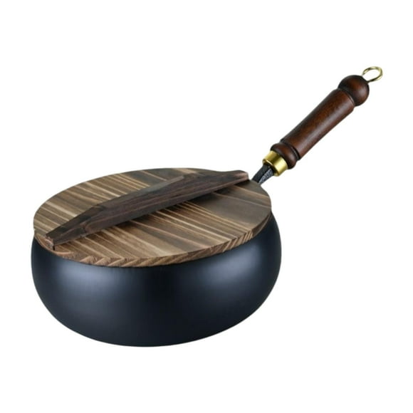 Lipstore Iron Wok Household No Coating Home with Wood Handle Flat Bottom Stir Fry Pan 24cm