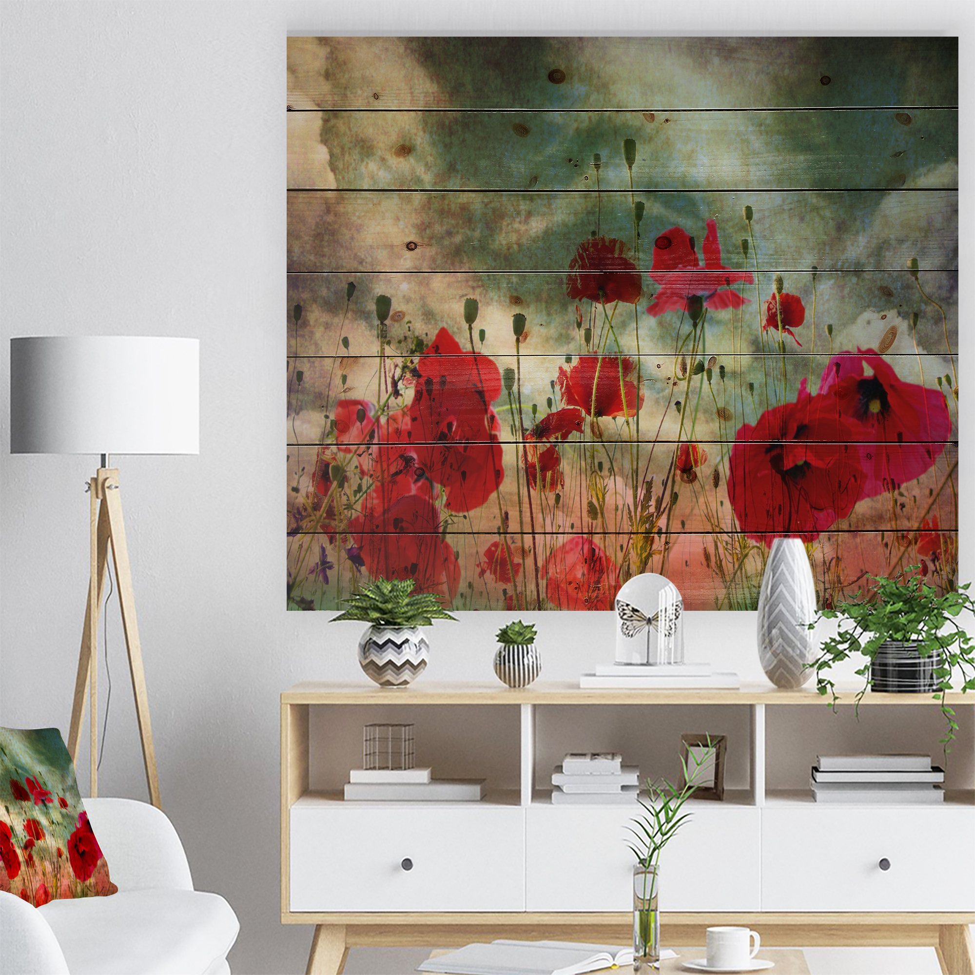 Designart 'Wild Red Poppy Flowers in Sky' Floral Print on Natural Pine Wood