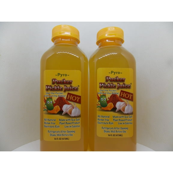 Pucker Pickle Juice Pyro Spicy Hot Flavor 2-Pack of 16 ounce Bottles
