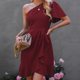 thumbnail image 2 of Vestido con volantes de un hombro para mujer, informal, con hombro inclinado, color sólido Fridja  qw2333, 2 of 9