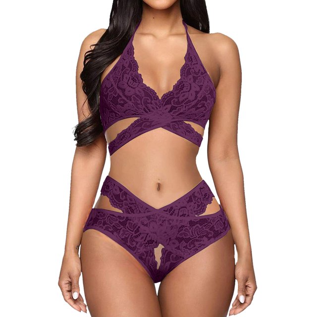 Gibobby Ropa interior mujer sexy Conjuntos de Lencería Sexy para Mujer Brasier de Encaje Flores Sujetador Abierto Tanga G-String Thong Ropa Interior Pijama(Morado, CH)