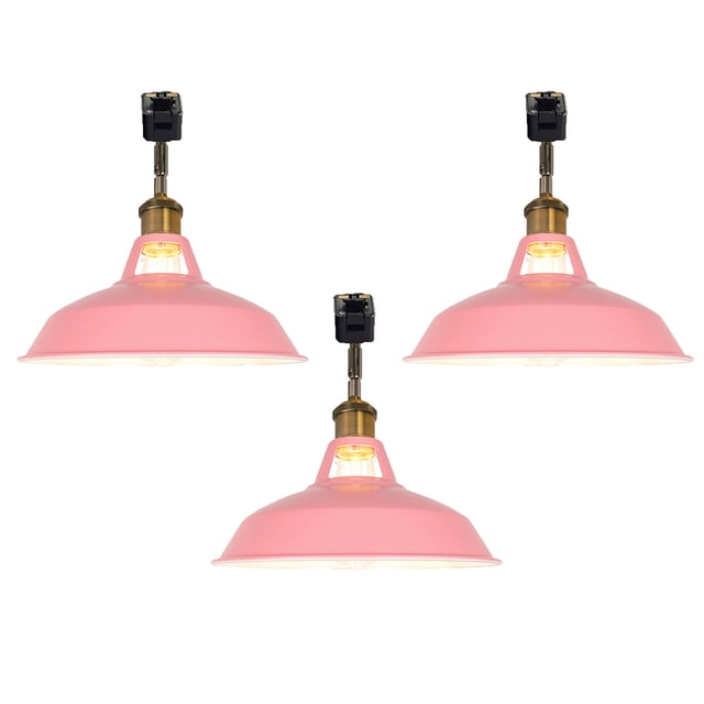 FSLiving J-Type Track Lighting E26 Base Industrial Adjustable Angle Lamp Pink Metal Shade with Gold Bronze Socket Track Light Fixture for Slope Ceiling Gimbal,Bulb and Track Not Included - 3 Lights