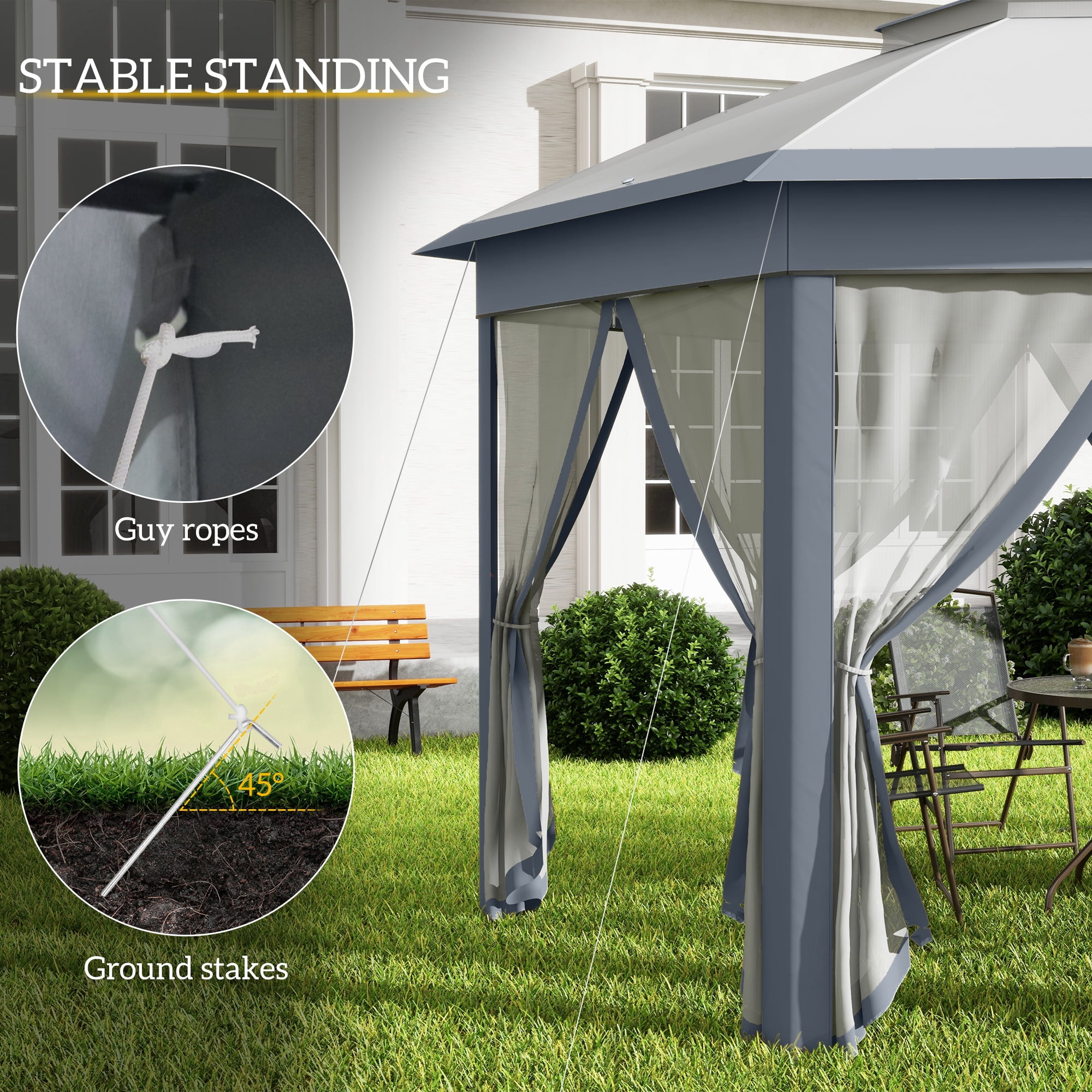 Outsunny 13' x 13' Pop Up Gazebo Hexagonal Canopy with 6 Zippered Mesh Netting, 2-Tier Roof Event Tent with Steel Frame for Patio Backyard, Gray