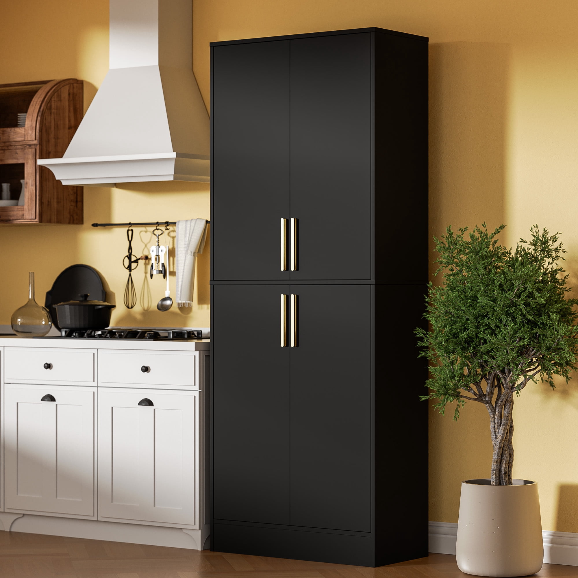71" Tall Kitchen Pantry Storage Cabinet, Pantry Cabinet with 4 Doors, Freestanding Larder Cupboard, Kitchen Hutch with Gold Handles for Dining Room, Bathroom, Black