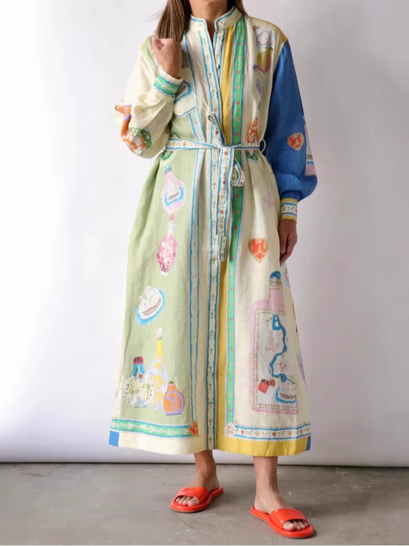cotton tie waist dress Women's Color Block Cotton-Linen Printed Tie-Waist Dress