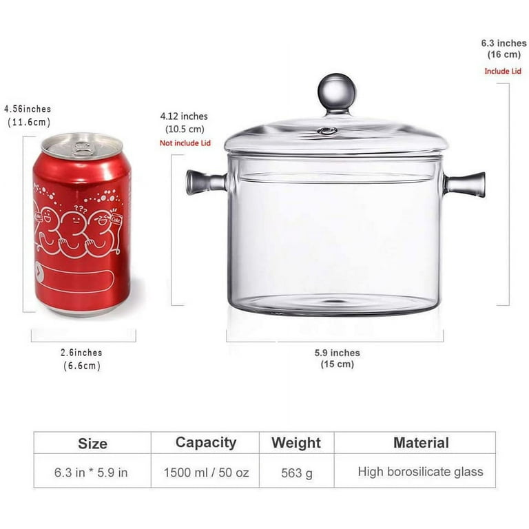 Glass Cooking Pot - 1.5l/50oz Heat-resistant Borosilicate Glass