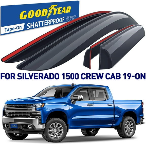 Goodyear Shatterproof Window Deflectors for Trucks Chevrolet (Chevy) Silverado/GMC Sierra 1500 2019-2022 Crew Cab, Tape-on Rain Guards, Vent Deflector, Vent Visor, Truck Accessories, 4pcs- GY003181LP
