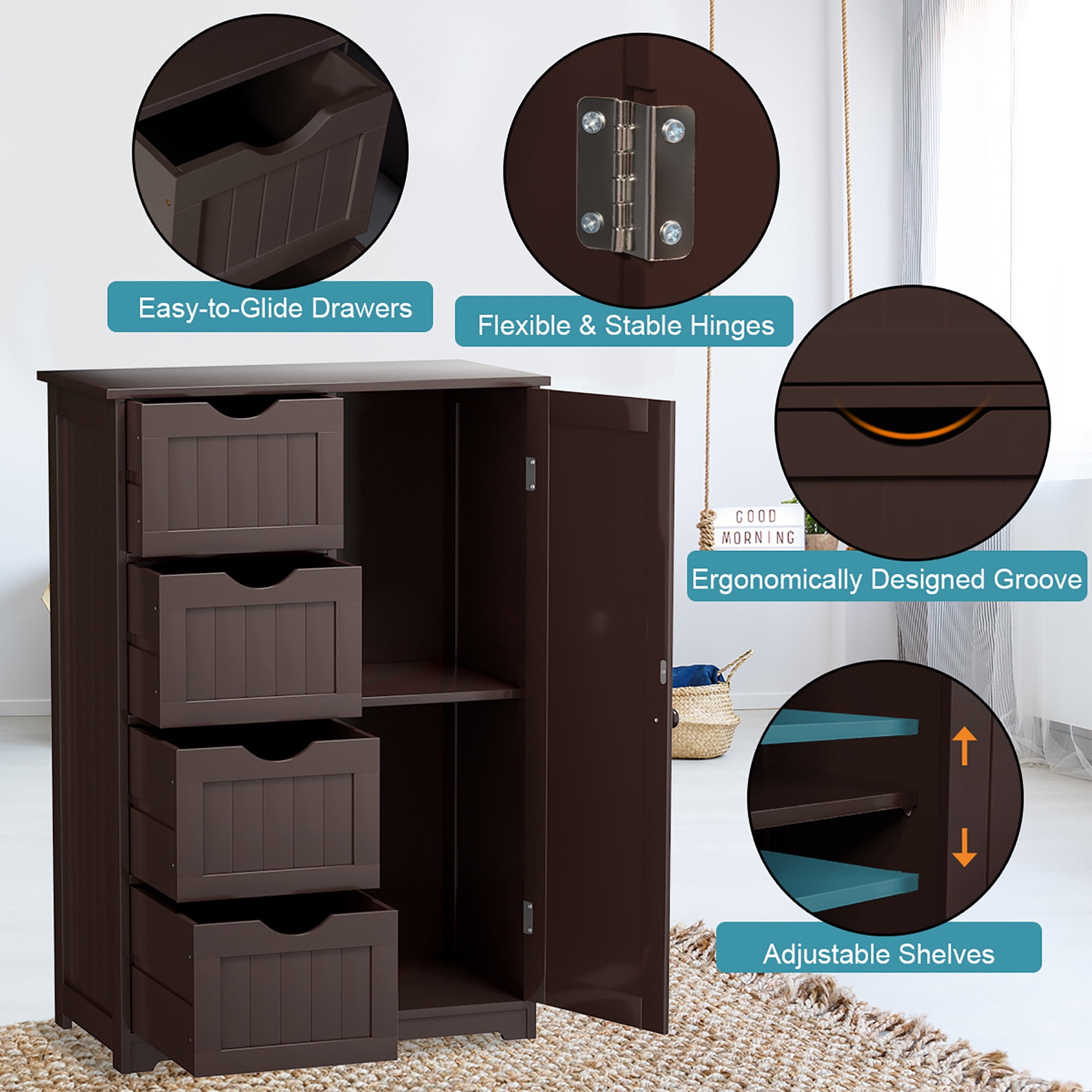 Costway Bathroom Storage Wooden 4 Drawer Cabinet Cupboard 2 Shelves Free Standing Brown  (图5)