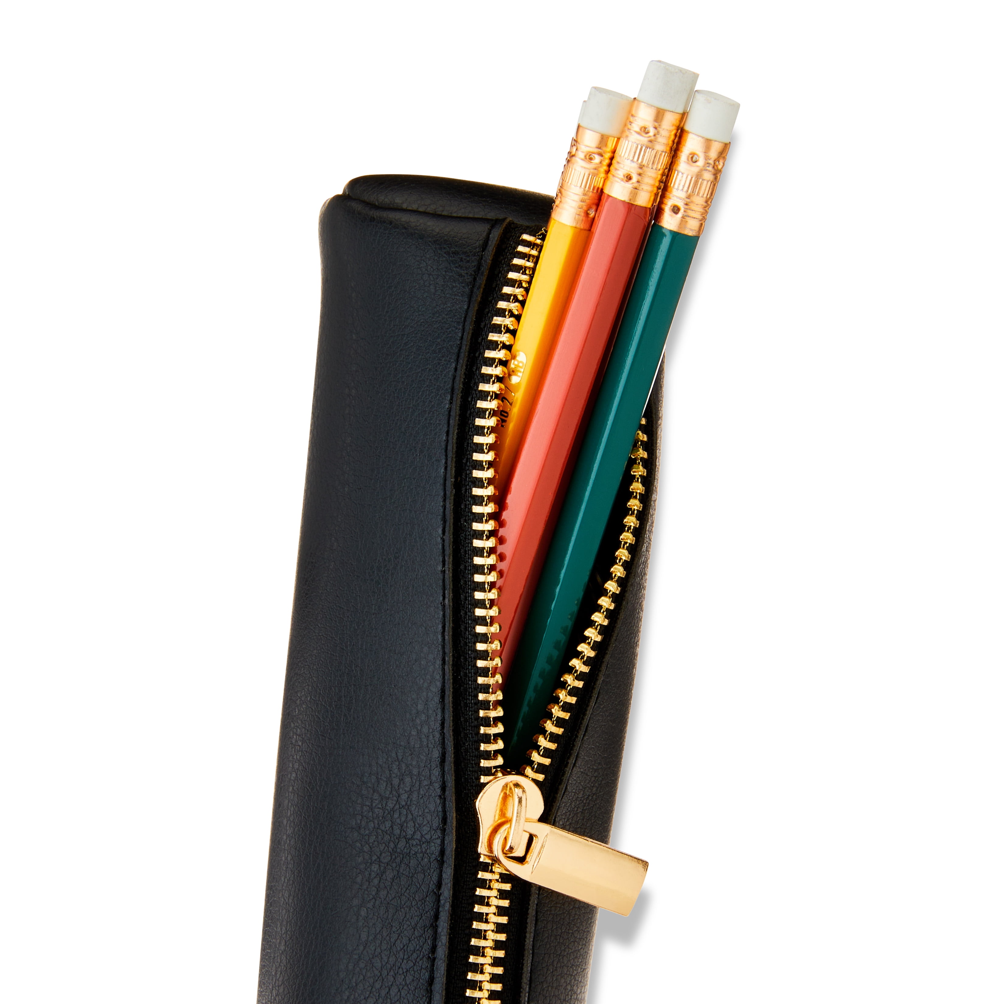 Pen+Gear Simulated Leather Pencil Pouch with Zipper Pull, Black, Ideal for Students and Professionals
