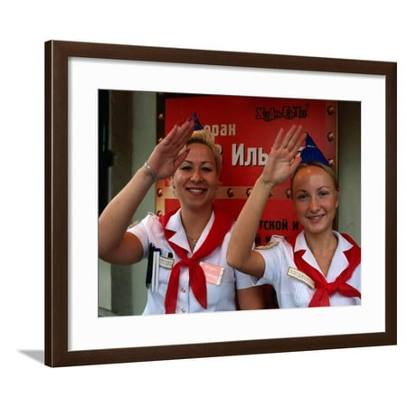 Zov Ilycha, Waitresses Dressed as Pioneers at Soviet Themed Restaurant, St. Petersburg, Russia Framed Print Wall Art By Jonathan