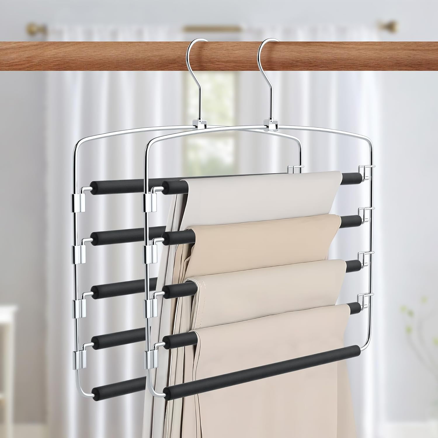 4 Pcs Black Pants Hangers,5 Tier Closet Organizers and Storage Clothes Hangers,Hangers Space Saving with Swing Arm,Multiple Metal Hangers Clothes Organization for Pants Trousers Jeans Slacks