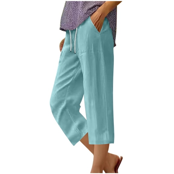 LAJPXKHY Capri Pants for Women Cotton Linen Summer Lightweight Thin Casual Elastic Drawstring Waist Straight Leg Capris with Pockets