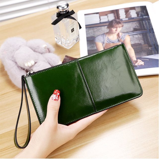 Cartera larga para mujer Cartera para mujer Cartera con hebilla y cremallera Cartera de piel con cera de aceite de gran capacidad estilo coreano
