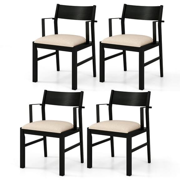 Gymax Dining Chair w/ Arms Set of 4 Modern Kitchen Chairs w/ Contoured Backrest Black & Beige