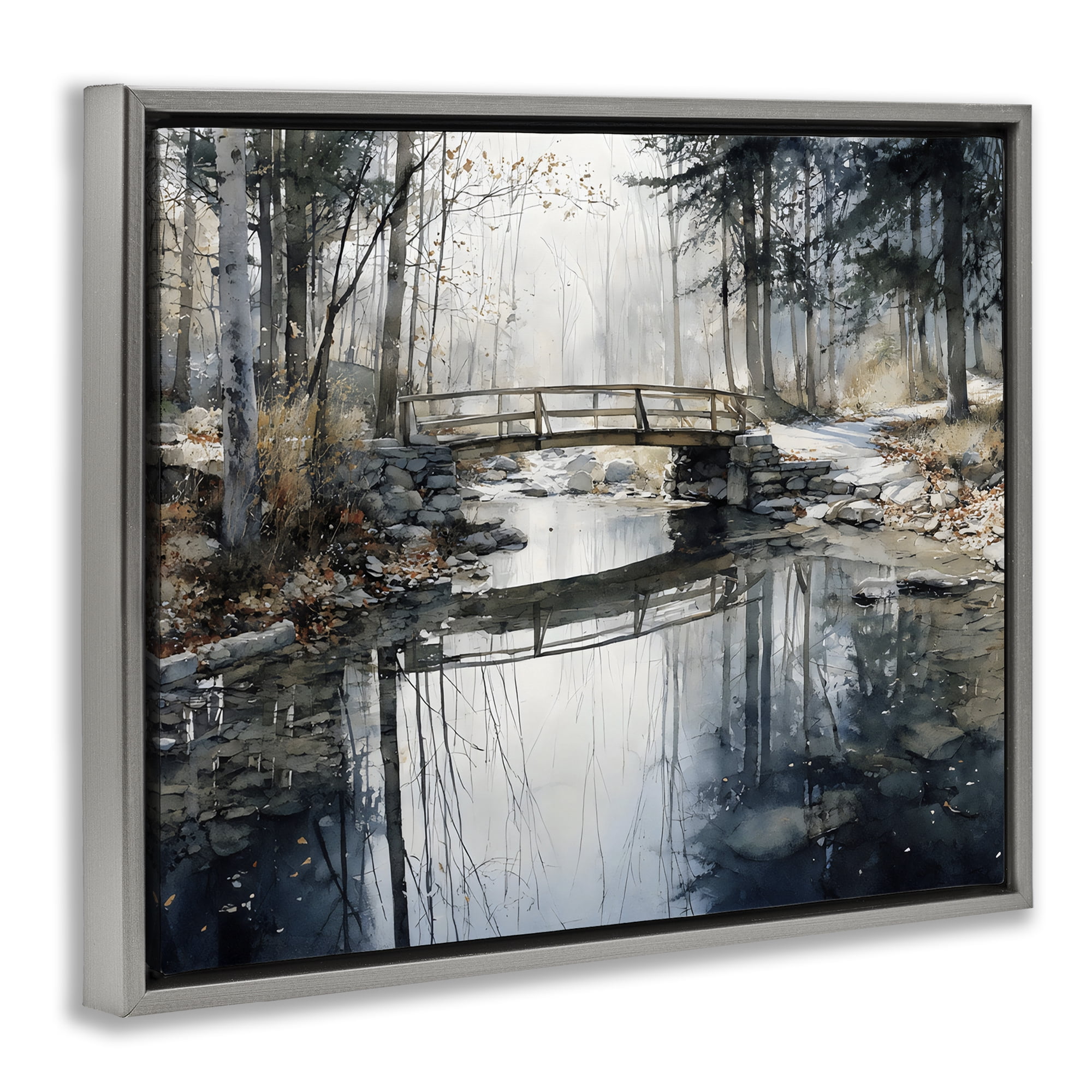 Stupell Industries Stone Bridge over Stream Gray Framed Floater Canvas Wall Art, design by Franklyn Gregory
