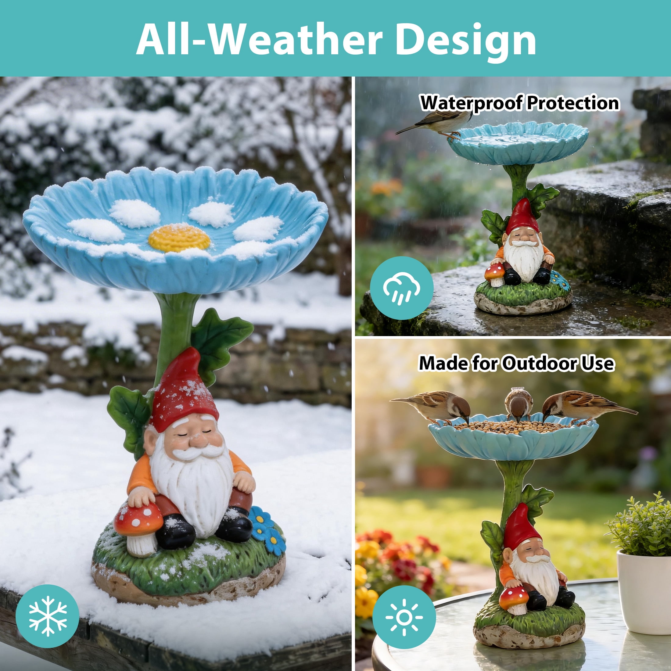 The Growing Ground Daisy Gnome Bird Feeder, Resin Garden Statue with Flower Bowl for Outdoor Patio Decor, Teal