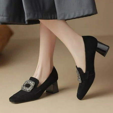 Elegantes Heels 2024 New Chunky Rhindiamonds Square Buckle Deep Mouth French Retro Square Head Single Shoes