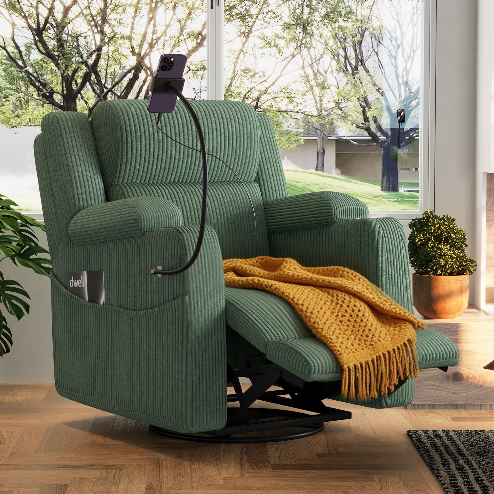 Leumius Recliner Chair with Heat and Massage,270° Swivel Rocker Recliner with Phone Holder & USB Ports,Single Rocker Sofa Nursery Glider with Hidden Storage, Side Pockets, Cup Holder,Green