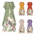 thumbnail image 3 of Primavera y verano nuevo vestido de dos piezas falso con cuello redondo estampado de algodón y lino, 3 of 3