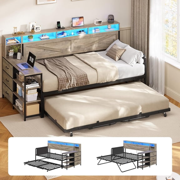 Daybed with Trundle, Day Bed with 3 Storage Drawers and Headboard, Farmhouse Wooden Twin to King Daybed Frame with Charging Station and LED Lights for Bedroom, Grey