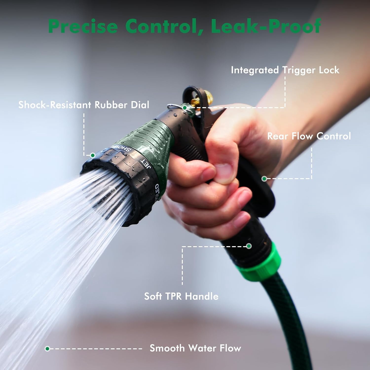 Garden Hose Spray Nozzle, Water Hose Nozzle Heavy Duty, High Pressure Hand Sprayer with 6 Adjustable Watering Patterns, Slip Resistant for Watering Plants, Car Washing & Pet Showering, Green