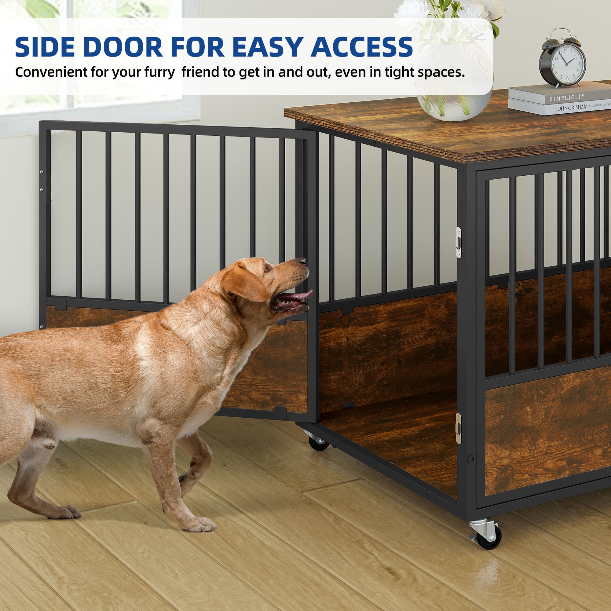 Uforic 43-Inch Wooden Dog Crate Furniture with Wheels and Double-Doors,Dog Kennel,Dog Cage for Indoor - Rustic Brown