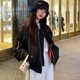thumbnail image 1 of -Chaqueta Bomber de moda coreana para mujer, ropa de calle de gran tamaño, chaquetas de béisbol elegantes con cremallera para mujer, abrigo negro de invierno, 1 of 5