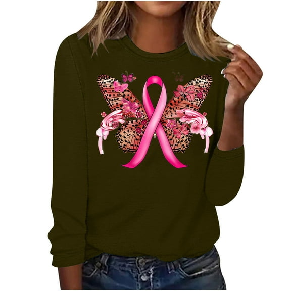 CLOISE Breast Cancer Shirts Women Long Sleeve Crewneck Shirts Butterfly Ribbon Oversized Breast Cancer Fight Tops Cute Comfy Tshirts Cancer Survivor Gifts Outfits Army Green XL