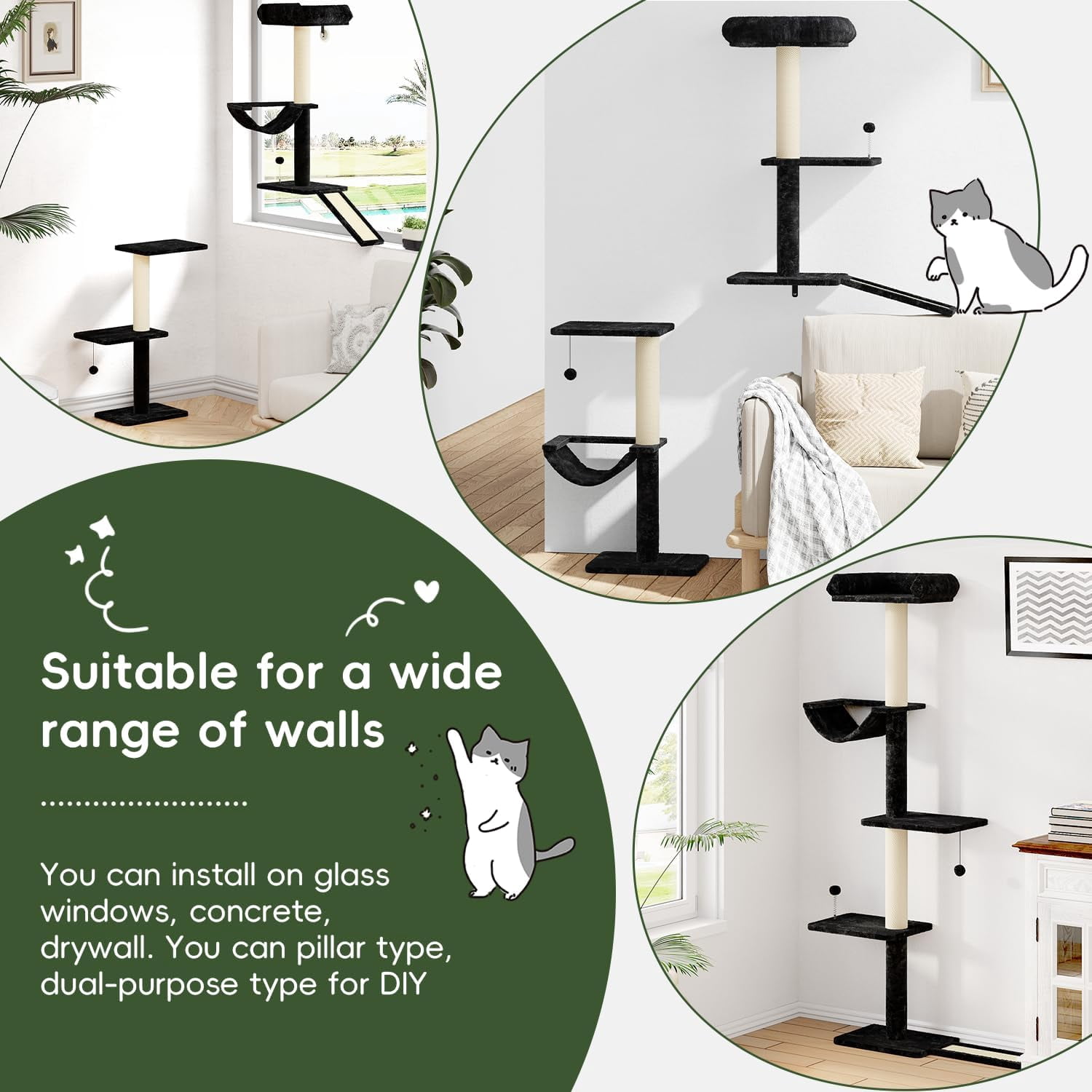 SONGMY Wall Mounted Cat Climber Set, Wall Furniture Set, DIY Wall/Window Shelves, Scratching Post, Comfortable Bed, Cat Shelves for Indoor - Blcak