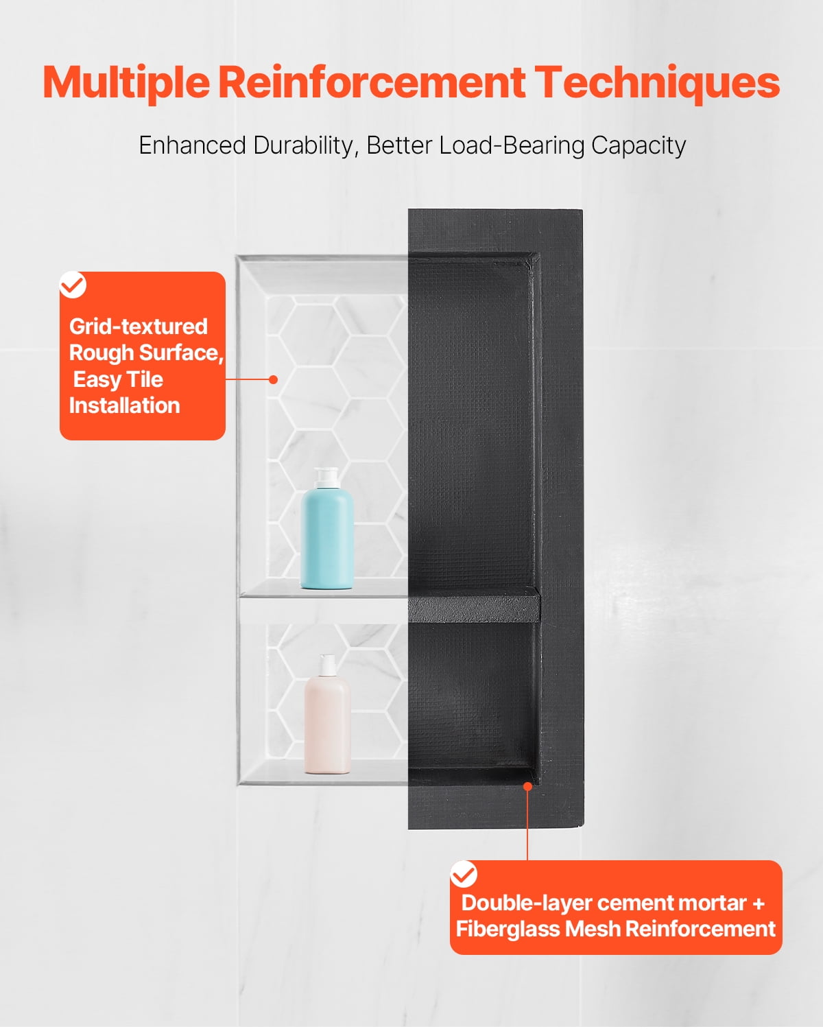 VEVOR Shower Niche, 16 x 28 x 4 inch Recessed Wall Niche with Movable Divider Shelf, Modern Soap & Shampoo Storage Organizer, Square Corners, Sealed Waterproof Design, Black for Bathroom Shower