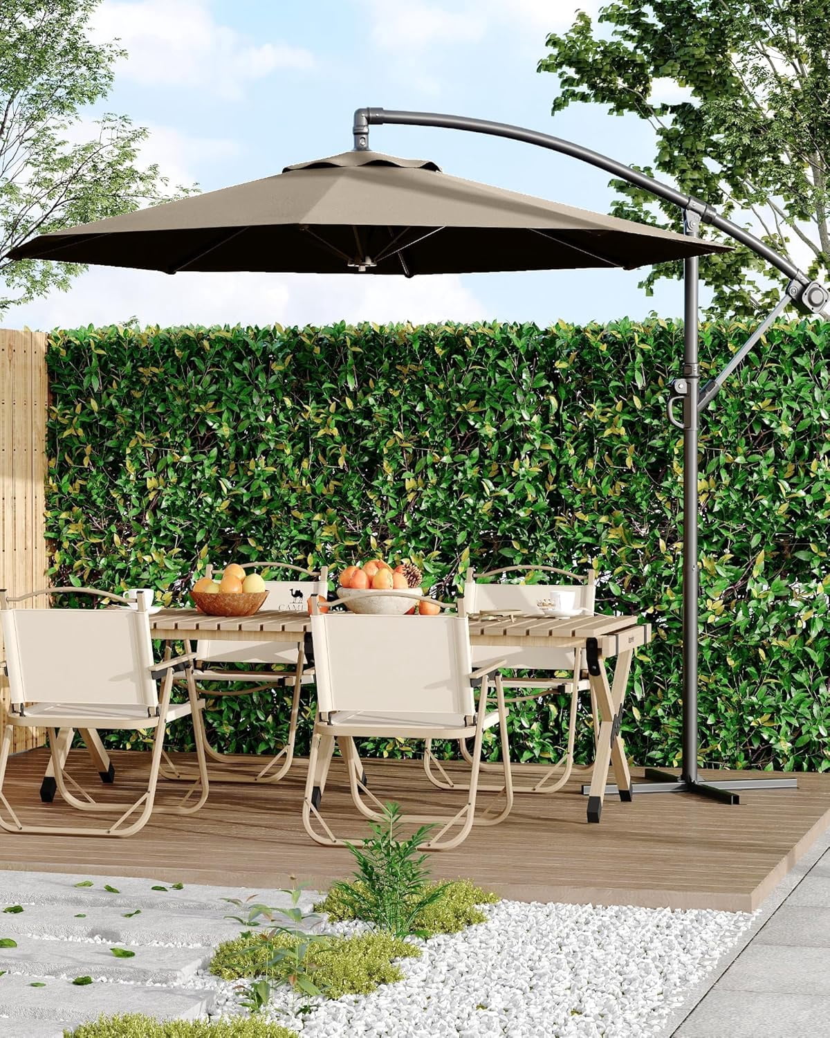 Memoryfield 10FT Outdoor Patio Hanging Offset Cantilever Umbrella, Cantilever Market Umbrella with Cross Base, Tan Color