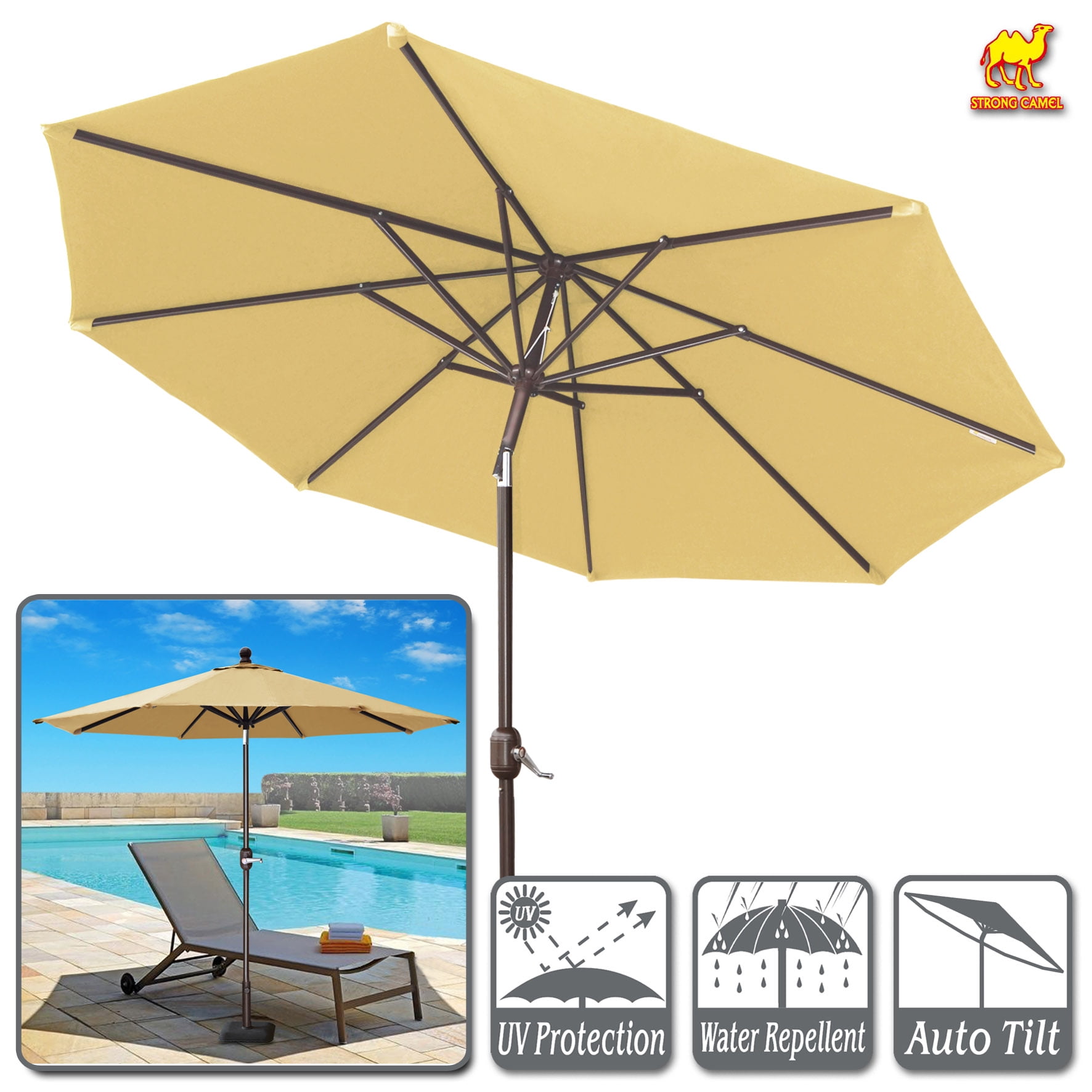 Strong Camel 9 Ft Aluminum Patio Umbrella with Auto Tilt and Crank With Polyester Cover Alu. 8