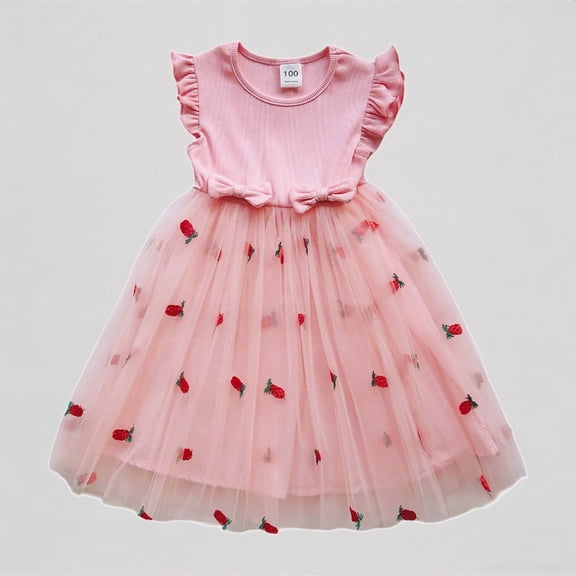 REDARER Girls Flutter Sleeve Ribbed Tulle Dress with Floral Embroidery & Bowknot Detail Princess Party Outfit,12-18 Months