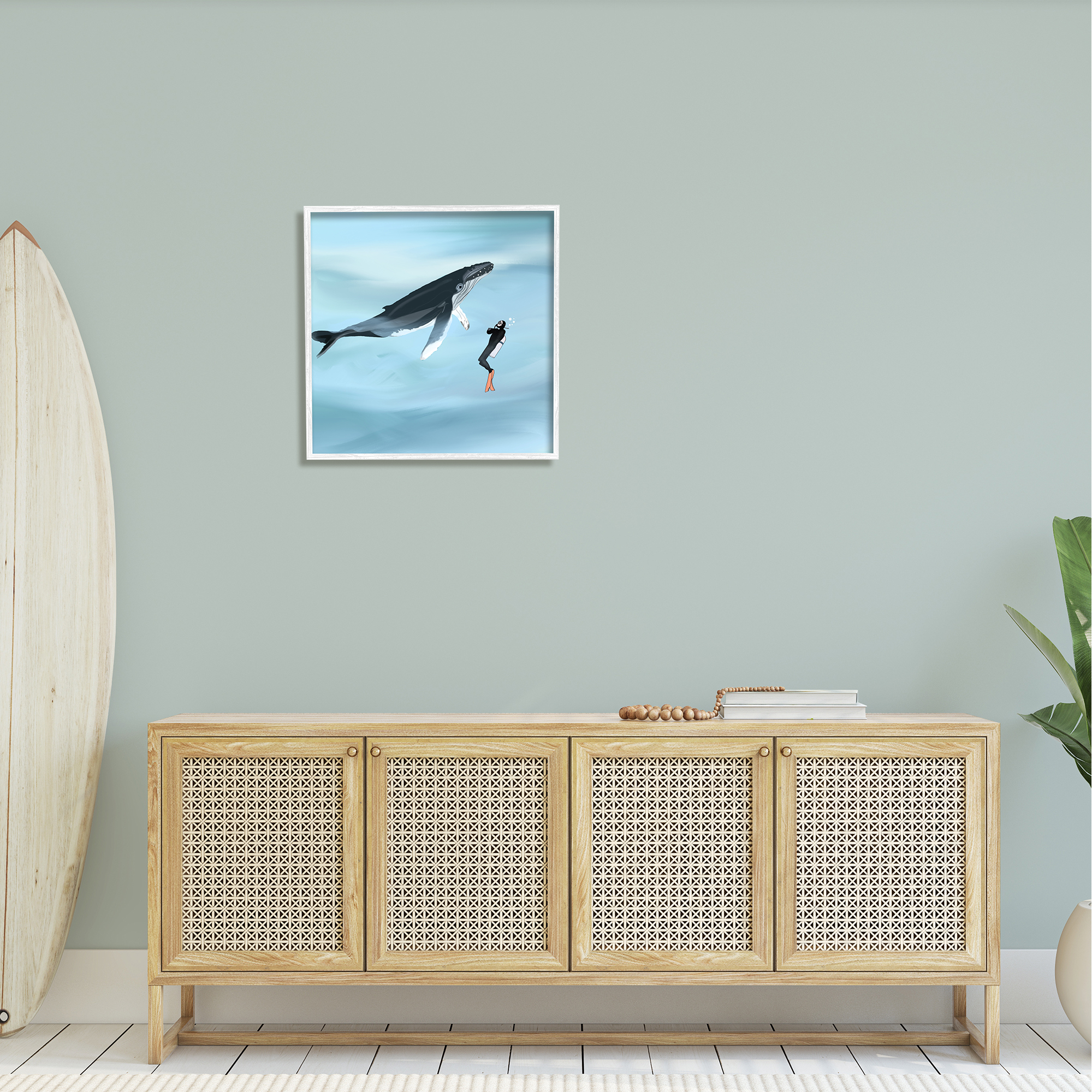 Stupell Underwater Scuba Diver & Whale Friends Landscape Painting White Framed Art Print Wall Art
