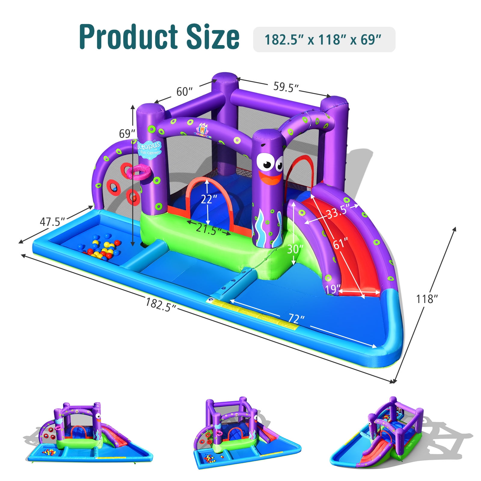 Infans Inflatable Water Slide Castle Kids Bounce House w/ Octopus Style & 750W Blower