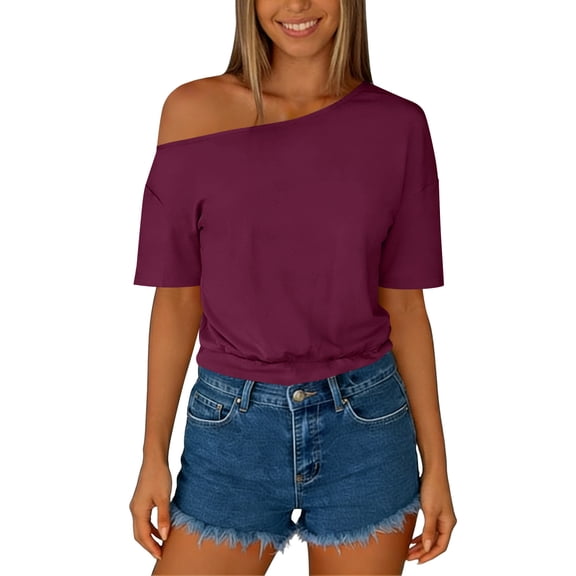 ZHYou Off Shoulder Oversized Tshirts for Women Short Sleeve Basic Tee Casual Summer Pullover Lightweight Tops Wine L