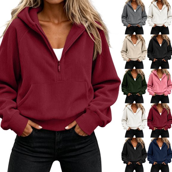 yillto Womens Half Zipper Hoodies Sweatshirt Crop Loose Long Sleeve Pullover Sweatshirts Clothes