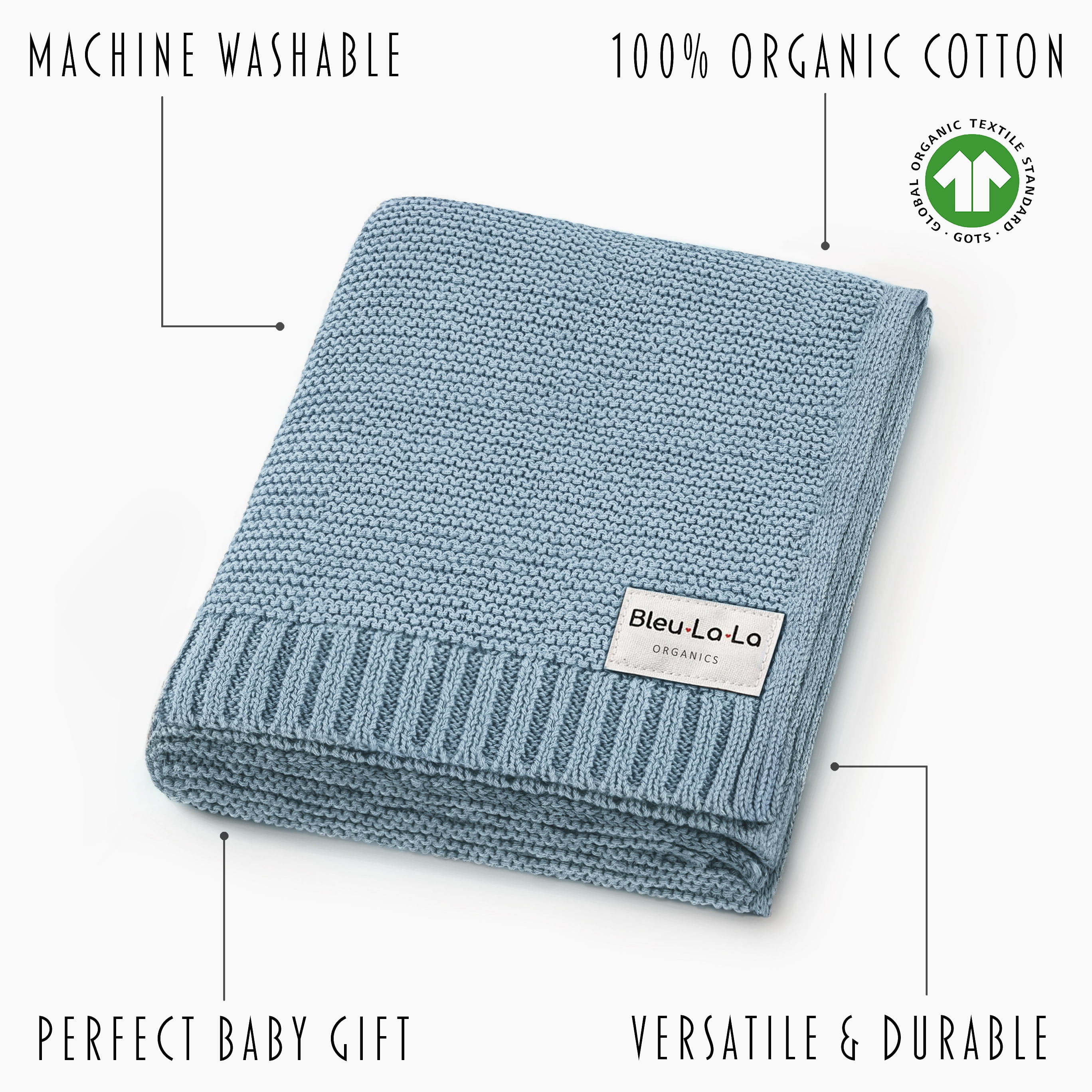 Bleu La La Boys Blue Organic Cotton Knit Baby Blanket, Receiving Swaddle for Baby Boy and Girl, Gift for Newborns