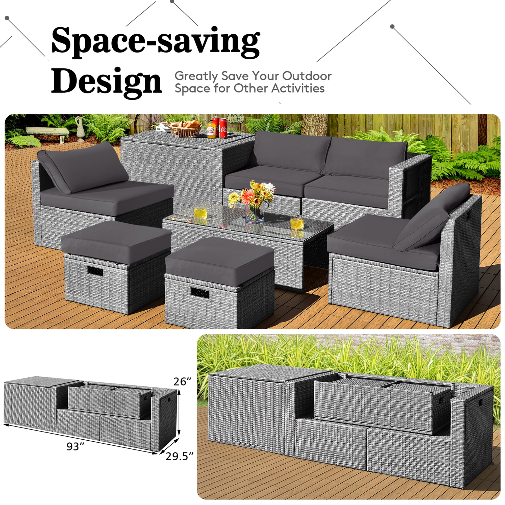 Costway 8PCS Patio Rattan Furniture Set Storage Waterproof Cover Gray Cushion