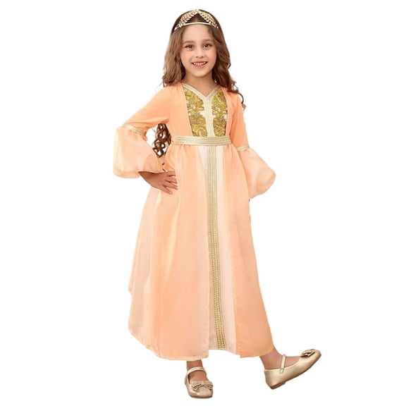 LEWKW Little Girls Peach Chiffon Kaftan Robe Gold Lace Trim Long Sleeve Traditional Maxi Dress for Eid Ramadan Celebration