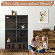 HABUTWAY 60H Metal Large Ferret Cage, Rolling Chinchilla Cage, Critter Nation Cage, Indoor Wooden Pet Crate Furniture