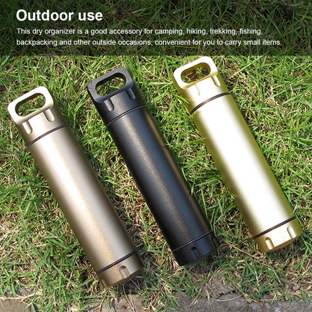 Bouteille Sèche Extérieur Scellée Étanche Étui à Pilules Portable Bouteille de Camping Réutilisable Randonnée Pêche Randonnée Contenant Briquet Porte-Clés Organisateur d'Urgence Or