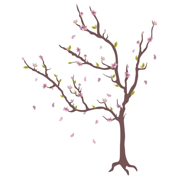 Adhesive Vinyl Pink Flowers Home Wall Decoration 20" x 25" Cherry Blossom Tree Branch Design Japanese Sakura Tree Removable Bedroom Living Room Wall Decal Sticker