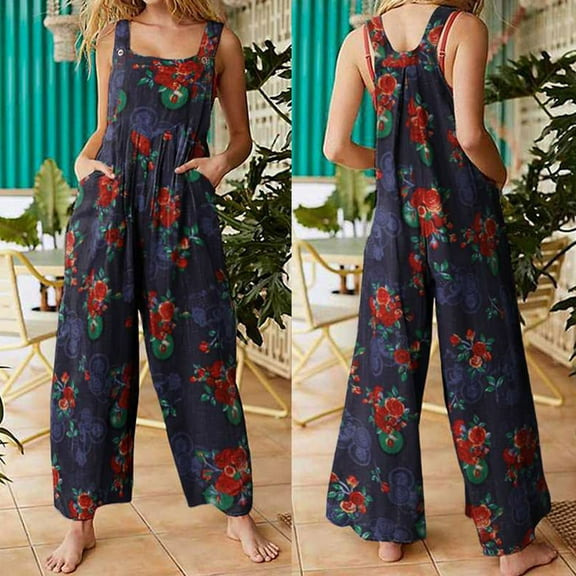 AOOCHASLIY Fall Clearance Pants Women's Affordable Floral Prints Straps Wide Leg with Pockets Vintage Jumpsuit