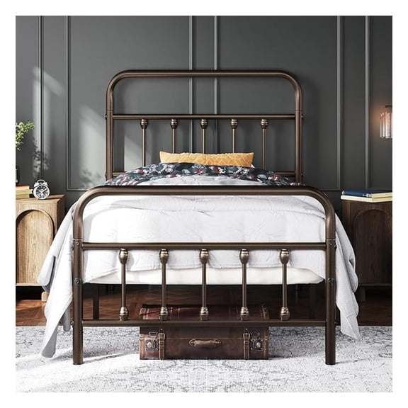 Twin Size Victorian Style Metal Bed Frame with Headboard/Mattress Foundation/No Box Spring Needed/Under Bed Storage/Strong Slat Support Bronze